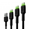 Set 3x Kabel USB-C Type C 30cm, 120cm, 200cm LED Green Cell Ray met snelladen, Ultra Charge, Quick Charge 3.0