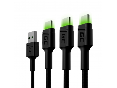 Set 3x Kabel USB-C Type C 120cm LED Green Cell Ray met snelladen, Ultra Charge, Quick Charge 3.0