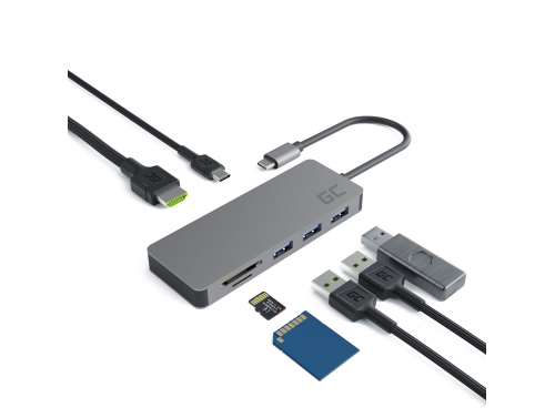 Dockingstation, adapter, HUB USB-C HDMI-adapter Green Cell - 7 poorten voor MacBook Pro, Dell XPS, Lenovo X1 Carbon en andere