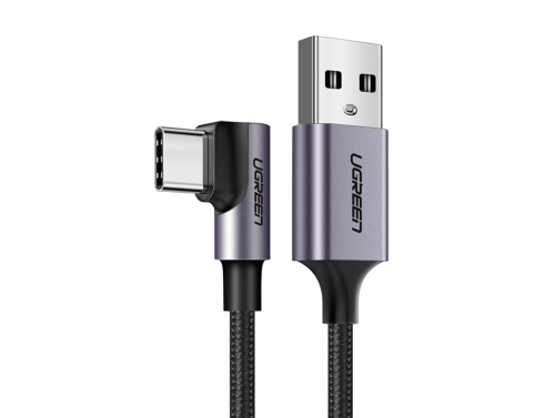UGREEN USB-A naar USB-C haakse kabel, 3A, 200 cm, Quick Charge 3.0 snelladen, Zwart-zilveren kleur