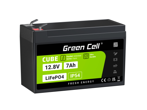 Green Cell CUBE LiFePO4 Accu 7Ah 12.8V 89.6Wh lithium-ijzerfosfaat batterij voor UPS, Speelgoed, Toezicht, Alarm, Stuk speelgoed