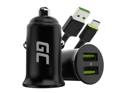 Green Cell Autolader USB PowerRide Nano36, 2x USB-A, 36W met snelladen Ultra Charge + LED Kabel USB-C 120cm