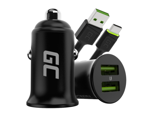 Green Cell Autolader USB PowerRide Nano36, 2x USB-A, 36W met snelladen Ultra Charge + LED Kabel USB-C 120cm