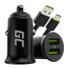 Green Cell Autolader USB PowerRide Nano36, 2x USB-A, 36W met snelladen Ultra Charge + LED Kabel USB-C 120cm