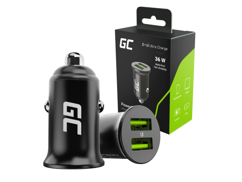 Green Cell PowerRide Nano36 36W 6A 2x USB-A autolader met snelladen Ultra Charge, geschikt voor 12V en 24V sigarettenaansteker