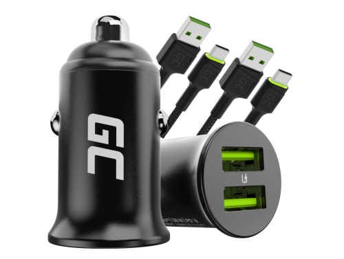 Green Cell Autolader USB PowerRide Nano36, 2x USB-A, 36W met snelladen Ultra Charge + 2x LED Kabel USB-C 120cm