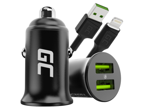 Green Cell Autolader USB PowerRide Nano36, 2x USB-A, 36W met snelladen Ultra Charge + LED Kabel Lightning 120cm