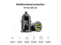 Green Cell Autolader USB PowerRide Nano36, 2x USB-A, 36W met snelladen Ultra Charge + LED Kabel Lightning 120cm