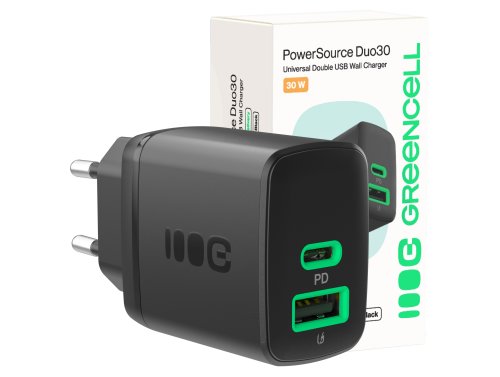 Green Cell PowerSource Duo30 USB/USB-C-oplader, zwart, 30 W Power Delivery-voedingsadapter