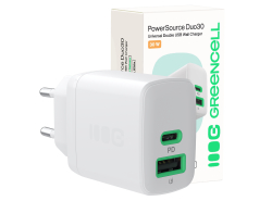 Green Cell PowerSource Duo30 USB/USB-C-oplader, wit, 30 W Power Delivery-voedingsadapter