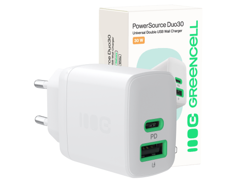Green Cell PowerSource Duo30 USB/USB-C-oplader, wit, 30 W Power Delivery-voedingsadapter