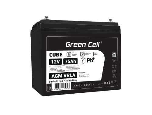 Green Cell CUBE AGM IP54 12V 75Ah VRLA batterij Accu voedingsaccu maaier scooter boot vissersboot tuinhuis