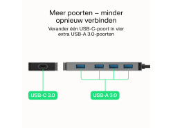 Adapter Basic HUB Greencell USB-C 4in1 (4×USB-A 3.0) – snelle overdracht tot 5 Gb/s, aluminium behuizing
