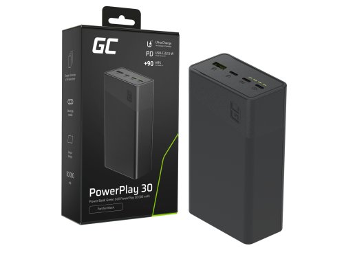 Greencell PowerPlay 30 - zwarte powerbank van 30 000mAh, 22,5W, 4 poorten